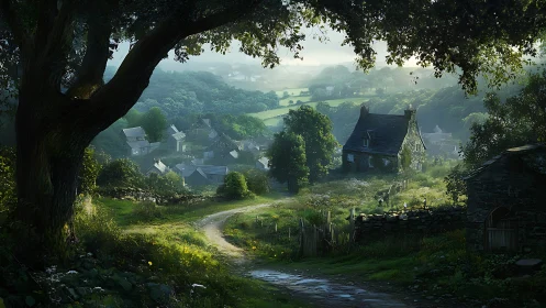 Sunlit rural cottage overlooks misty valley village