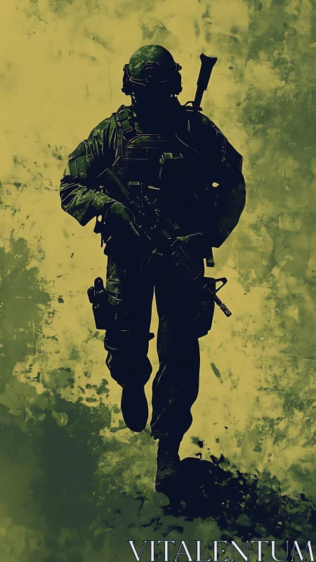 Silhouetted soldier strides forward through grunge haze