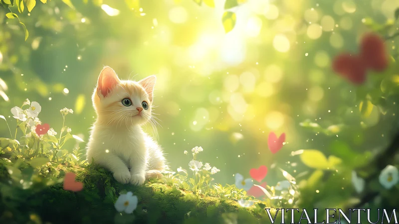 White kitten in luminous garden with bokeh light and floral elements.