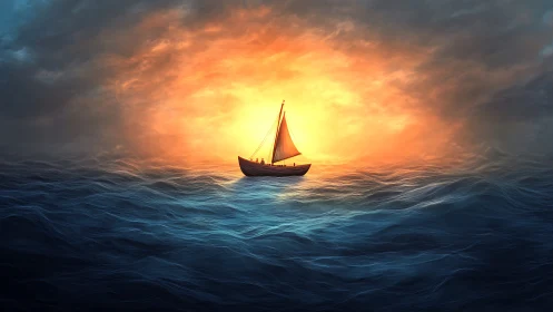 Lone sailboat crossing luminous stormlit ocean horizon.