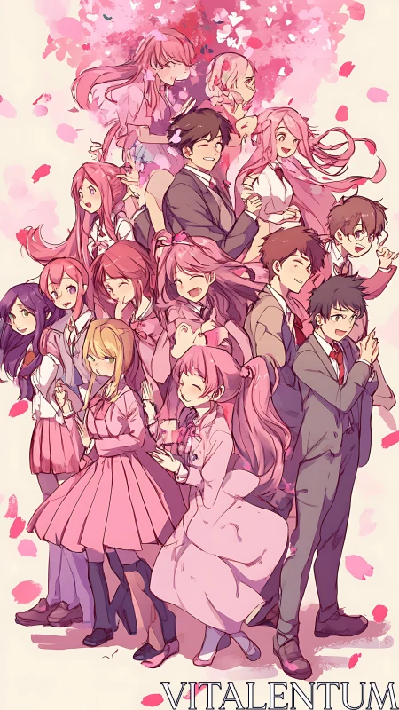 Blossoming anime students share playful, romantic energy.