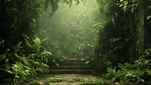 Stone steps recede into dense, overgrown jungle foliage