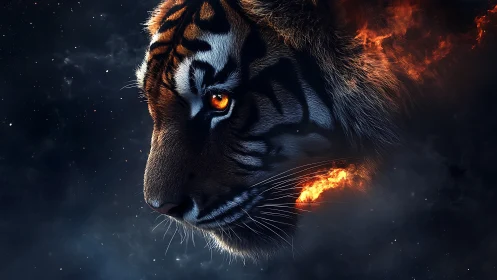 Midnight tiger of embers and stars in quiet profile.