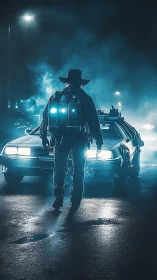 Midnight time-hacker faces neon-lit retro time machine.