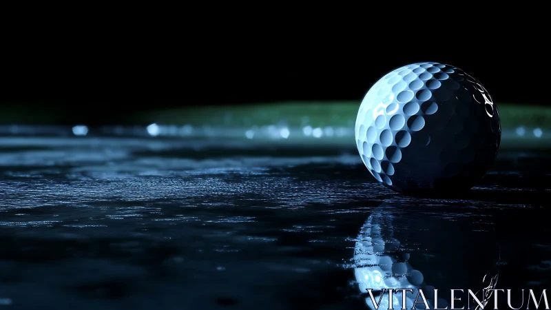 Golf ball on wet reflective surface under dramatic light.