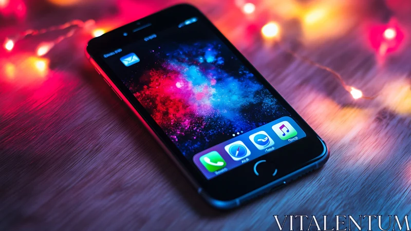 Smartphone lies on wooden surface under colorful string lights