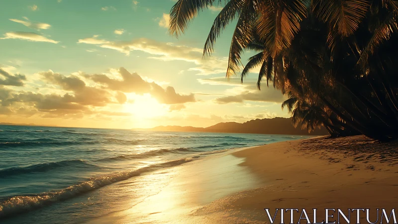 Golden tropical sunset bathes a serene palm-lined shoreline