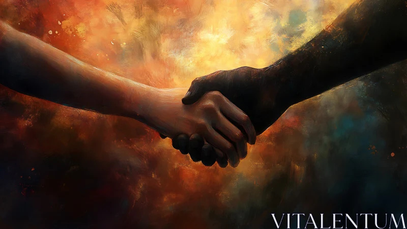 Two clasped hands emerge in warm light to symbolize unity