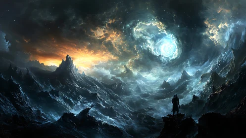 Wanderer faces storm-torn cosmic sea under colliding skies.