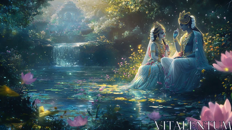 Divine lovers rest beside radiant lotus waterfall pond.