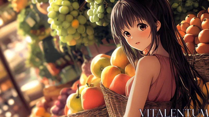Anime girl in market aisle with baskets of assorted fruit.