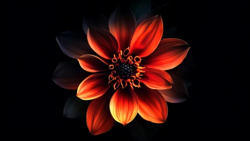 Radiant Dahlia Bloom Against Darkness. Fire-Toned Petals.