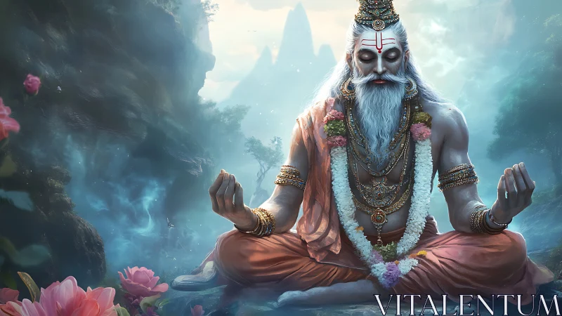 Mythic sage in meditative asana within ethereal valley atmosphere.