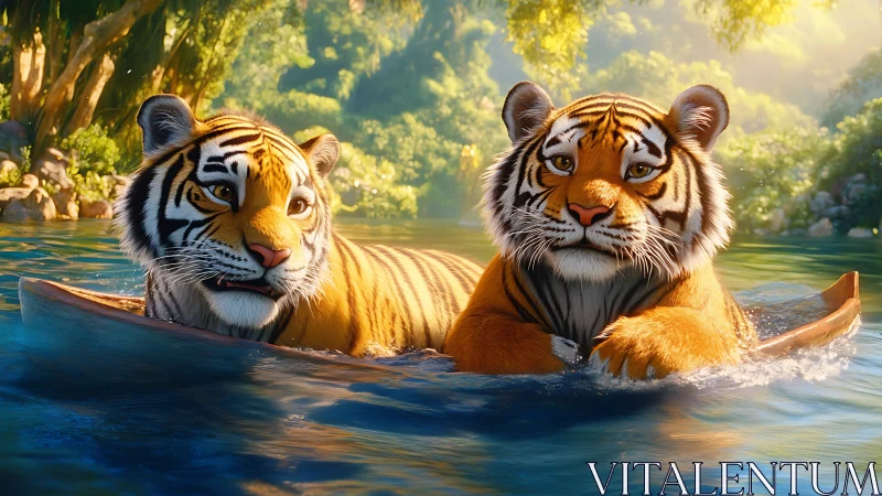 Two Tigers Swimming in Sunlit River Among Dense Tropical Forest