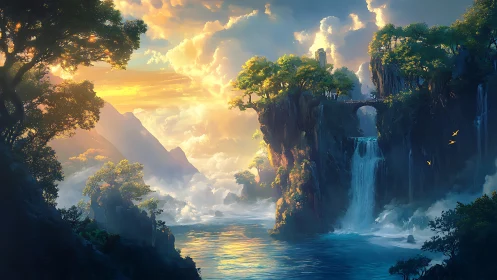 Sunlit cliffside sanctuary above cascading blue falls.