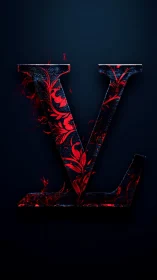 Stylized letter V displays red floral motif on dark field