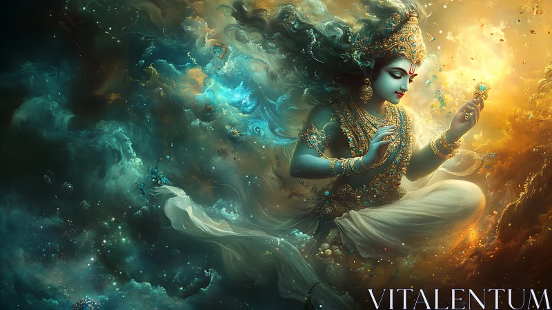 Divine blue-skinned figure floats amid swirling cosmic clouds