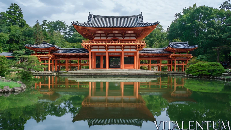 Temple in still water, vermilion echo wrapped in quiet green.