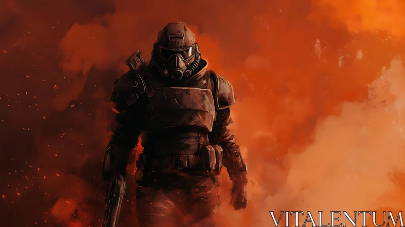 Armored sci fi soldier strides through burning smoke field.