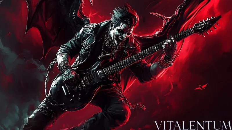 Hellborn guitar fiend shredding crimson inferno stage.