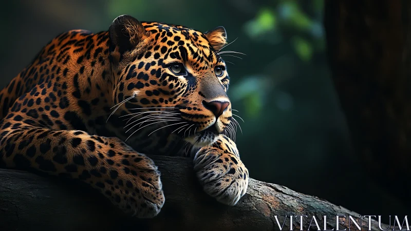 Leopard resting on tree branch in low light forest setting.