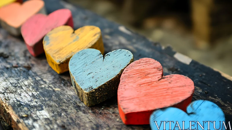 Colorful Wooden Hearts on Textured Stone Surface.