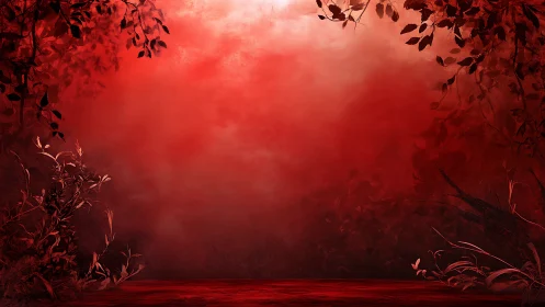 Red monochrome digital foliage scene frames central void