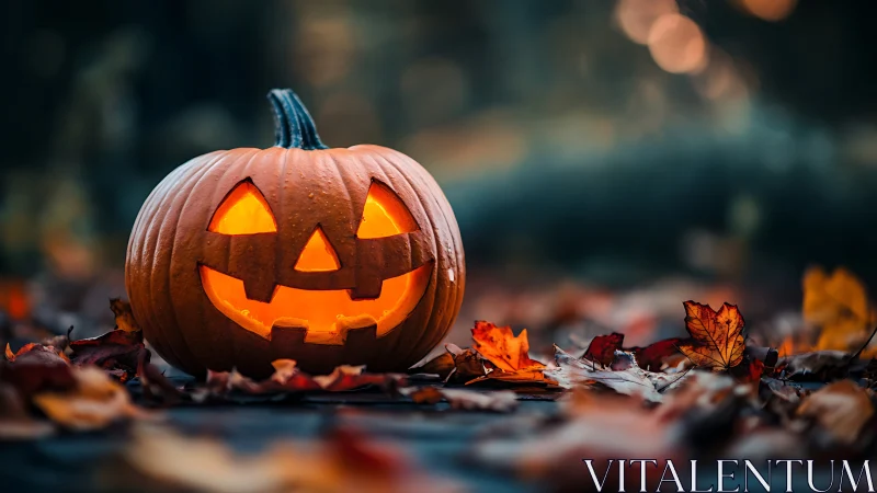 Glowing jack o lantern on wet autumn leaves at twilight