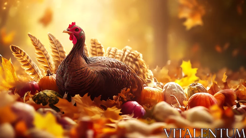 Turkey Among Autumn Harvest. Golden Seasonal Abundance.