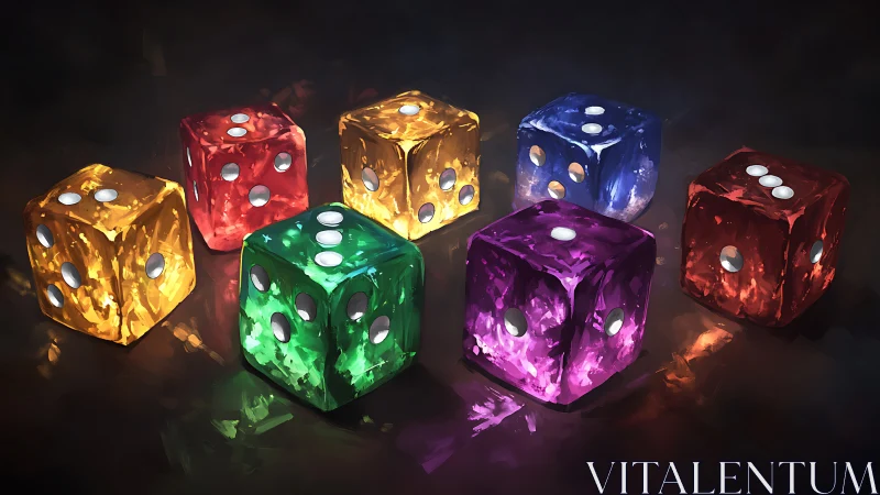 Luminous multicolor dice glow over deep shadowed ground.