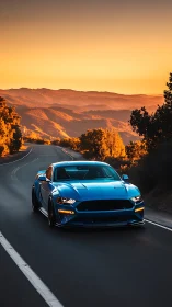 Bold blue sports car glides along a golden sunset highway