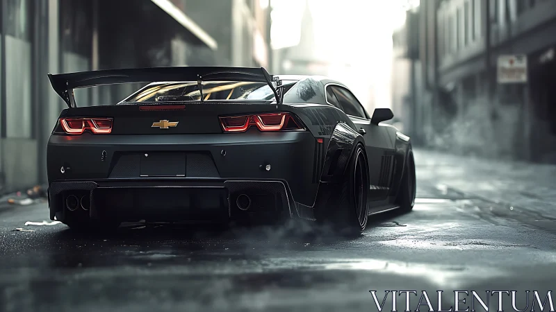 Matte black muscle car dominates misty urban alleyway.