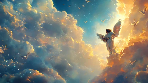 Luminous skyborne angel drifting through glittered cloudsea.