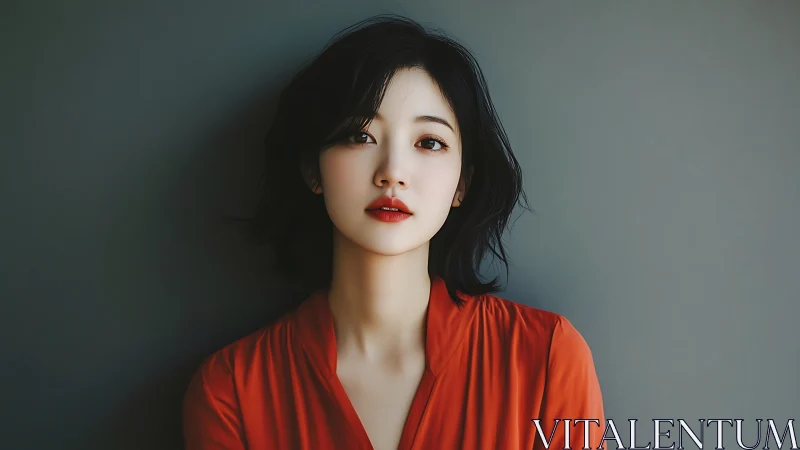 Soft-lit digital portrait with neutral backdrop and red blouse