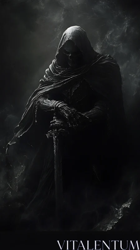 Hooded skeletal wraith grips a broadsword in swirling shadow.