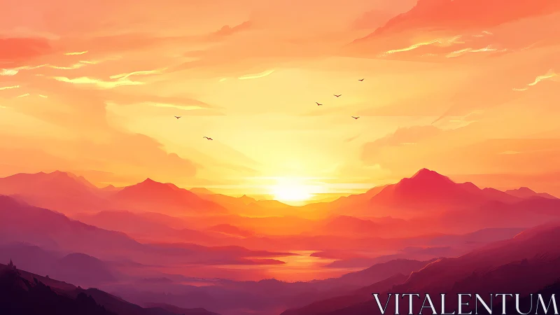 Radiant sunset bathes misty mountain valley in glowing warmth