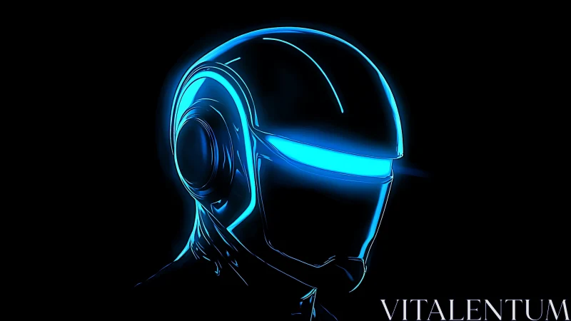 Futuristic neon-lit helmeted figure glows against black void