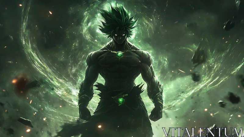 Emerald stormbreaker warrior rising from a cosmic maelstrom.