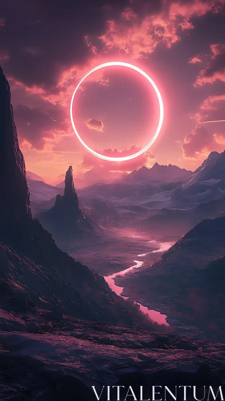 Ringed light over layered valley and distant peaks at dusk.