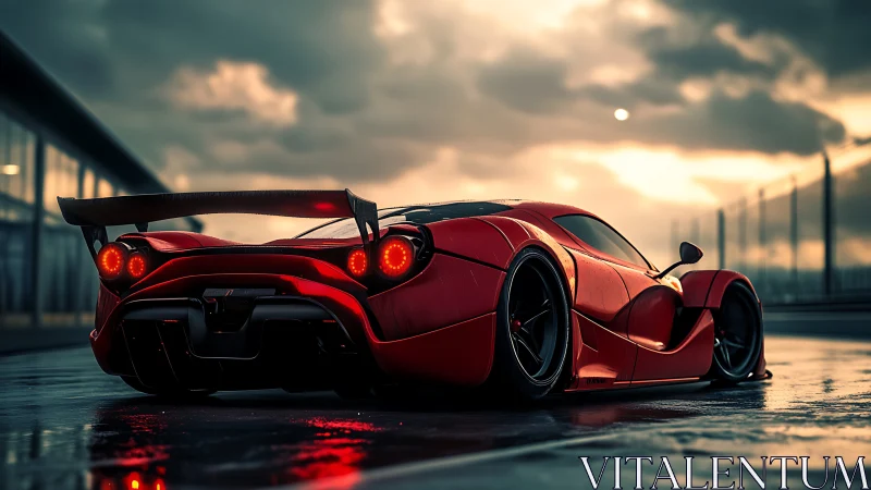 Aerodynamic red hypercar on wet racetrack at dusk rendered.