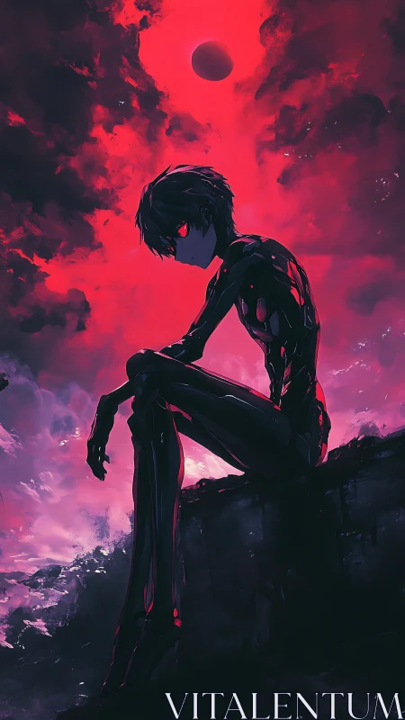 Solitary cybernetic silhouette beneath crimson eclipse sky.