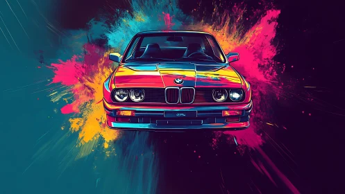 Neon-rendered classic BMW front view with symmetric paint-splash field