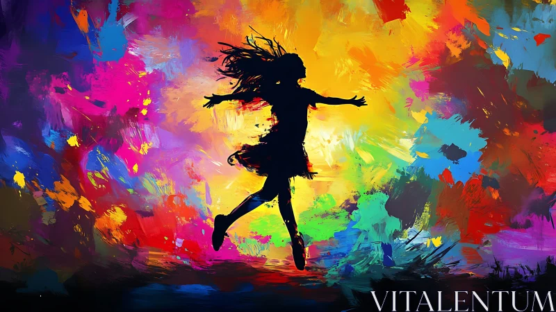Joyful silhouette dancing through a wild color storm.