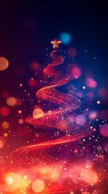 Abstract red light Christmas tree with glowing bokeh background.