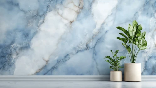 Marble wall backdrop contrasts with minimalist potted foliage composition