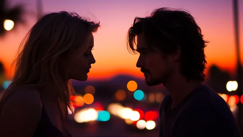 Two people face each other against golden sunset sky with city lights