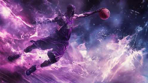 Basketball player midair with purple energy background.