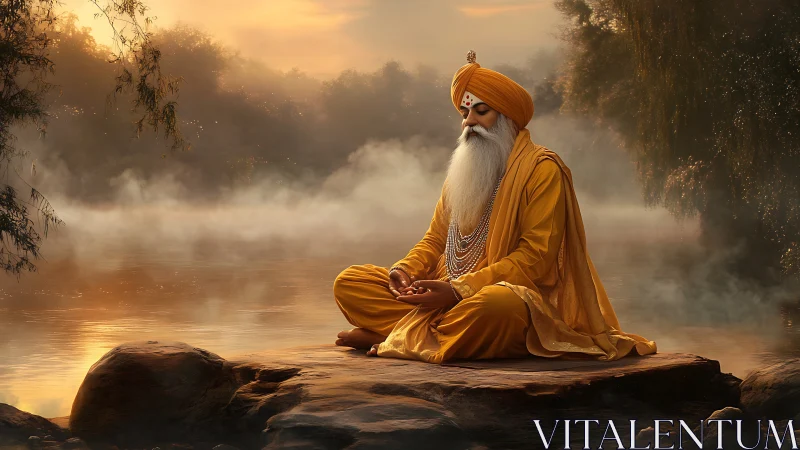 Mystic elder yogi in saffron robes meditating by misty river