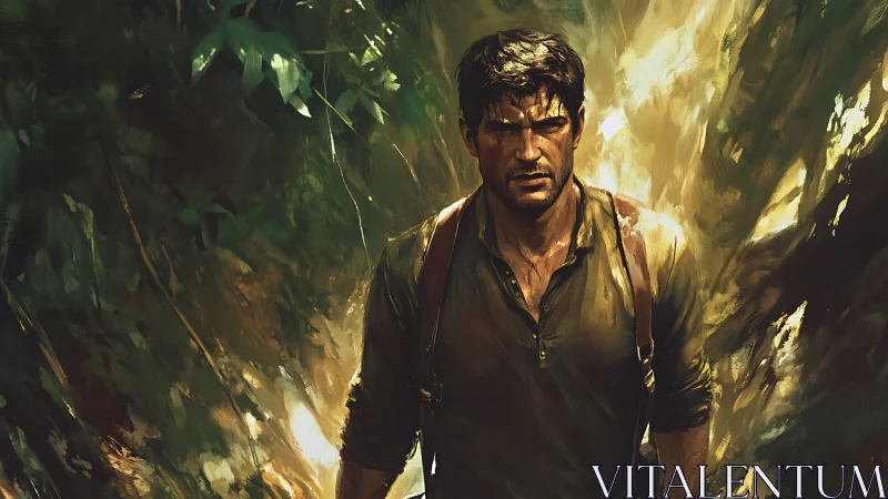 Determined explorer walking through dense sunlit jungle.