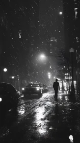 Solitary figure walks through snowy neon city at midnight